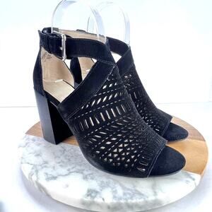 EUC Marc Fisher Geela Leather Open Toe Casual Strappy Chunky Black Womens Heel 7